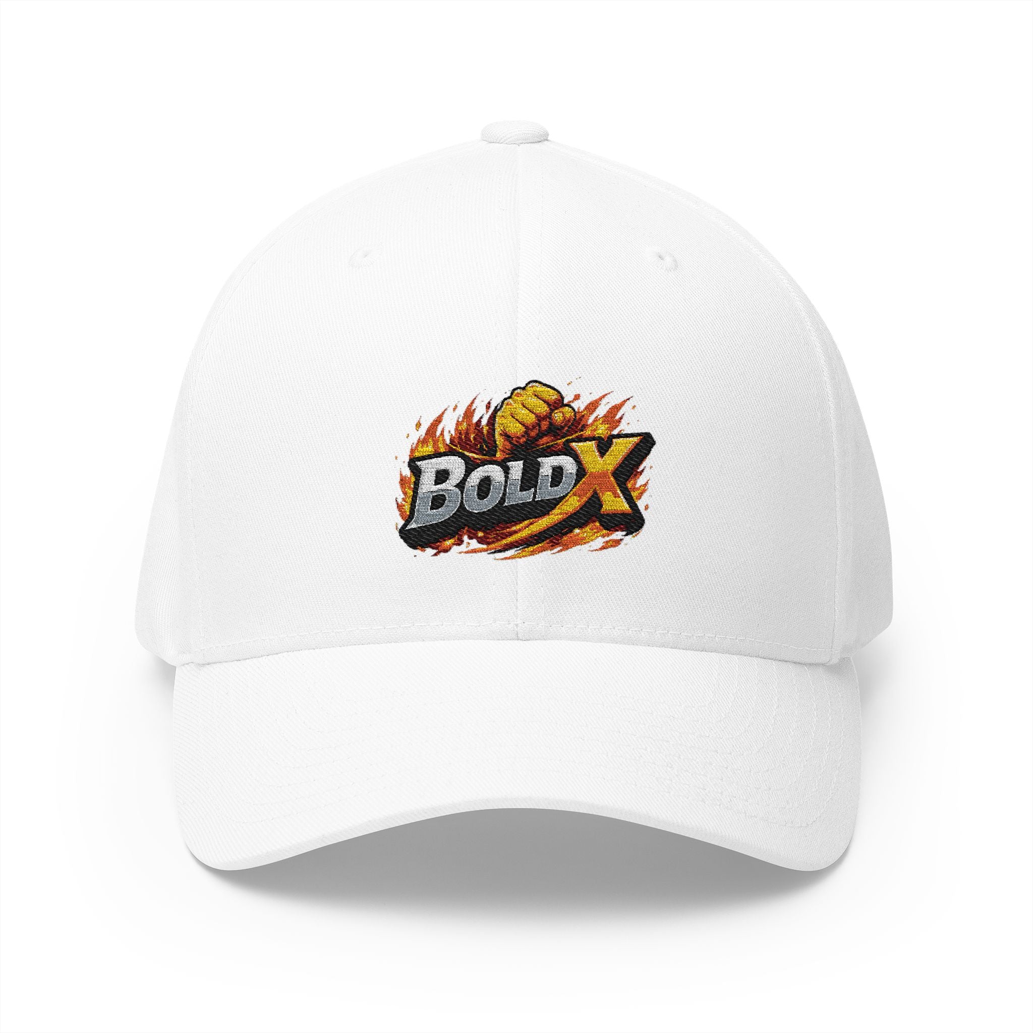 A white baseball cap featuring a colorful embroidered 'BOLD X' logo on the front, set against a clean white background.