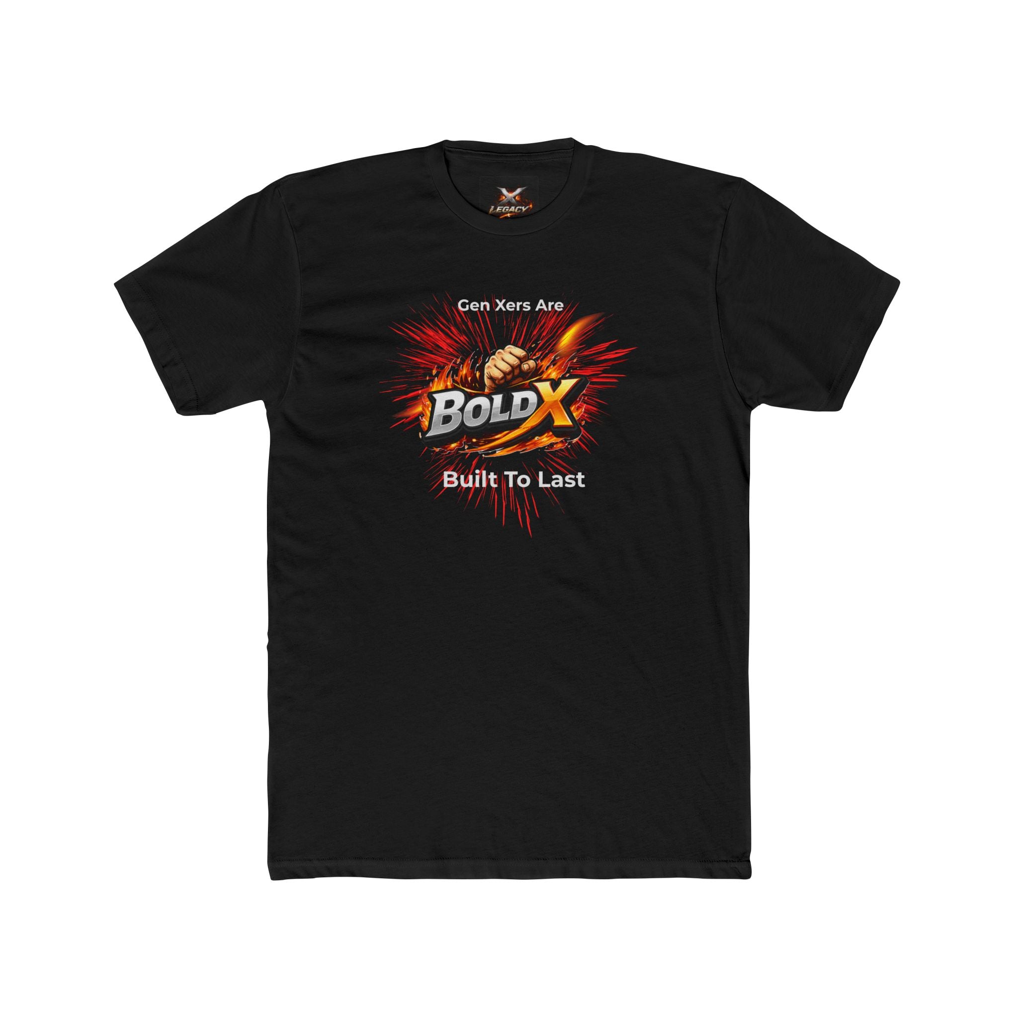 A black short-sleeve t-shirt with a graphic on the chest that reads 'Gen Xers Are BOLD X Built To Last' over a fiery orange and red burst design. The brand name 'iBOLDX' is visible on the graphic and inside the collar.