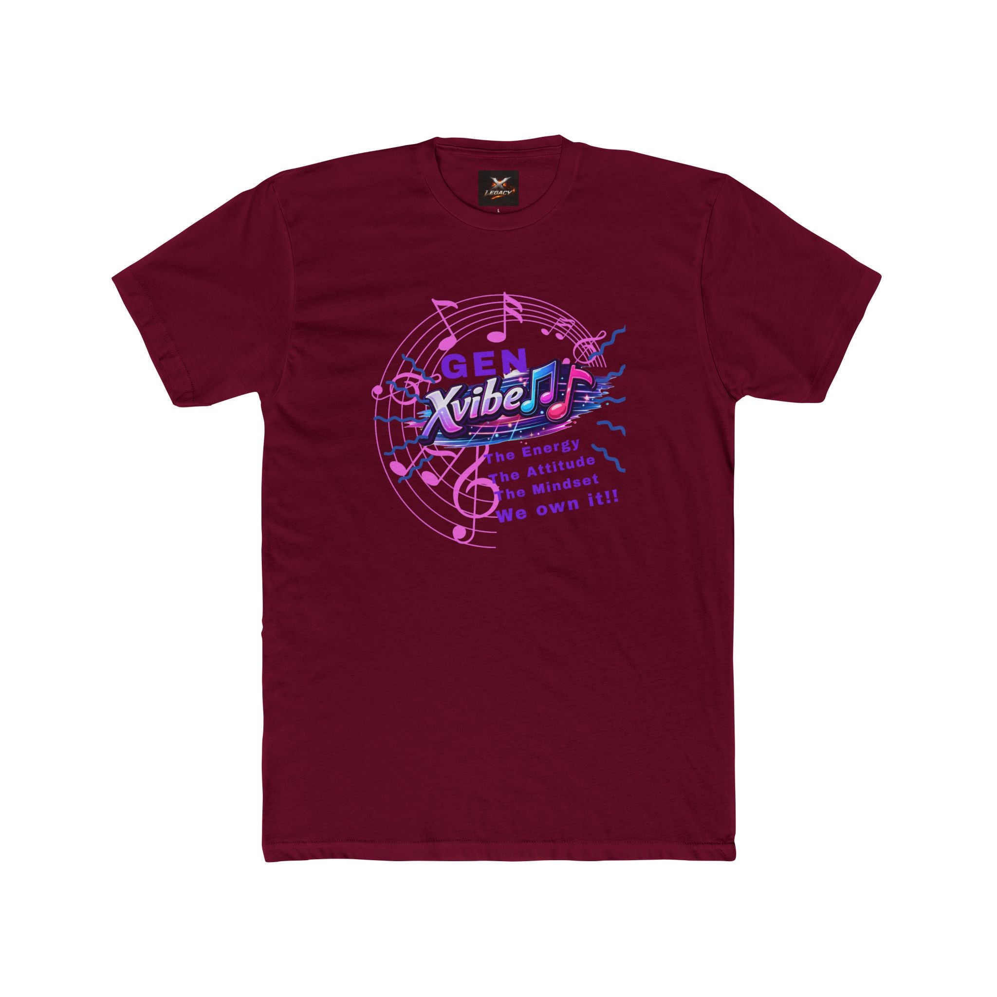 A maroon short-sleeve crewneck t-shirt featuring a colorful graphic on the chest with musical notes, a treble clef, and the text 'GEN Xribe!'.