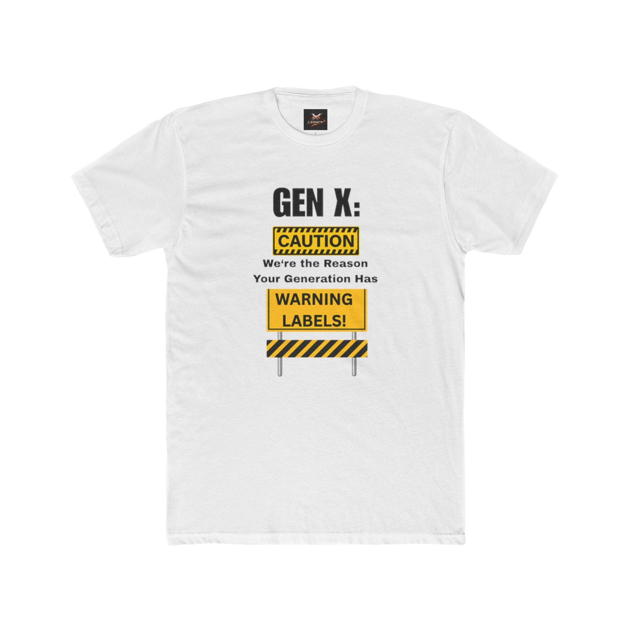 A white short-sleeve crewneck t-shirt with a graphic print on the front. The graphic features the text 'GEN X: CAUTION Your Generation Has WARNING LABELS!' accompanied by yellow and black warning sign illustrations.