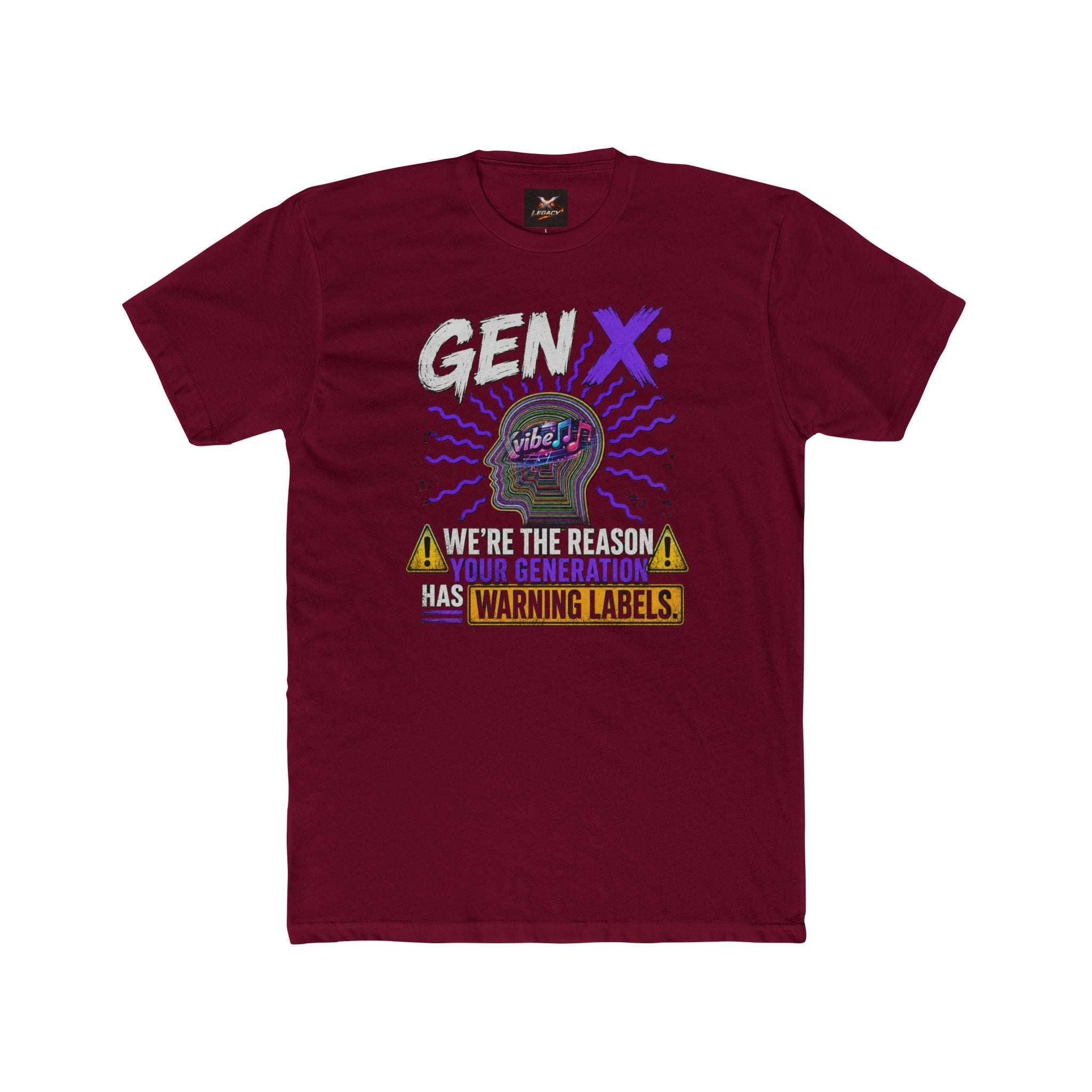 A maroon short-sleeve crewneck t-shirt featuring a colorful graphic print on the front. The graphic displays the text 'GEN X' in white and purple, a retro computer graphic with 'Gen Z' inside, and a quote below that reads 'WE'RE THE REASON YOUR GENERATION HAS WARNING LABELS.