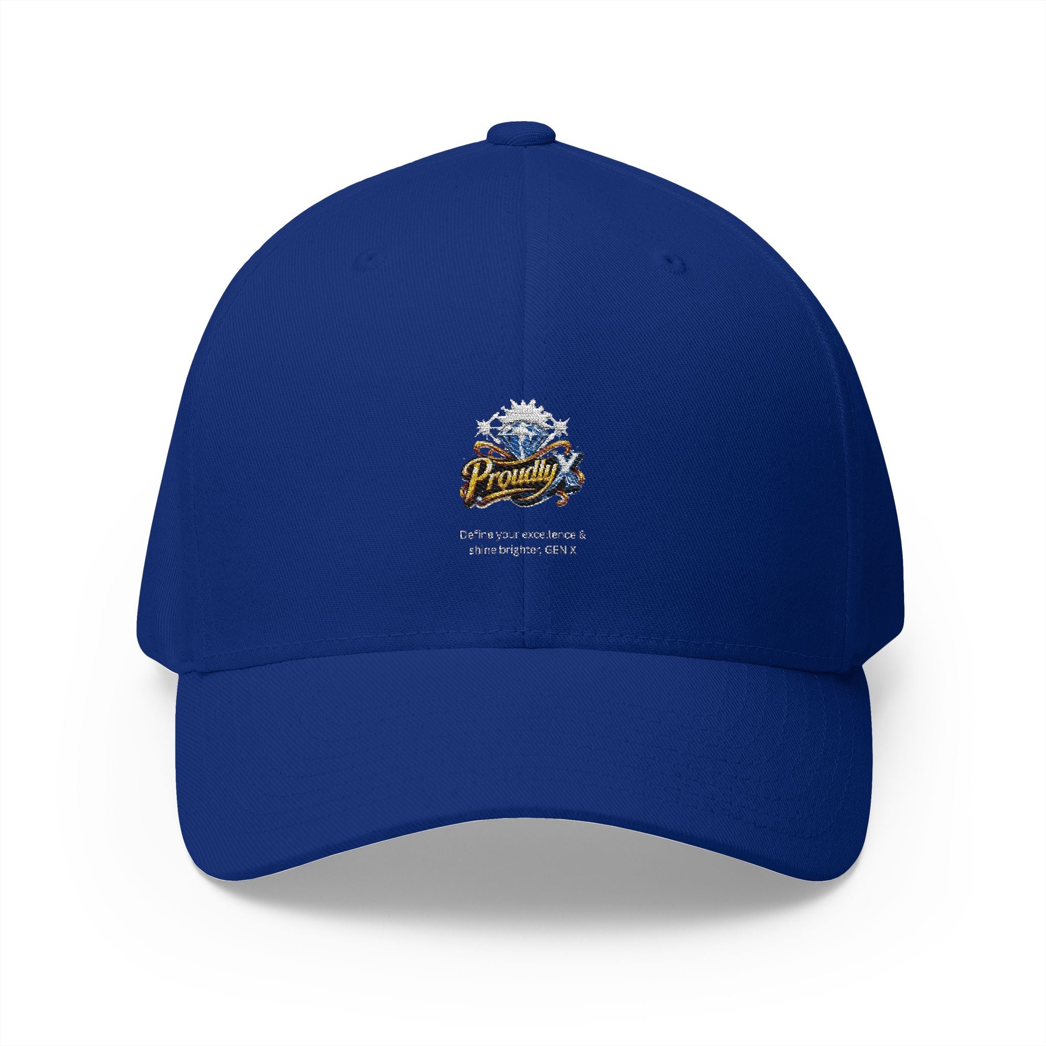 Blue cap with a gray heart emblem on a white background