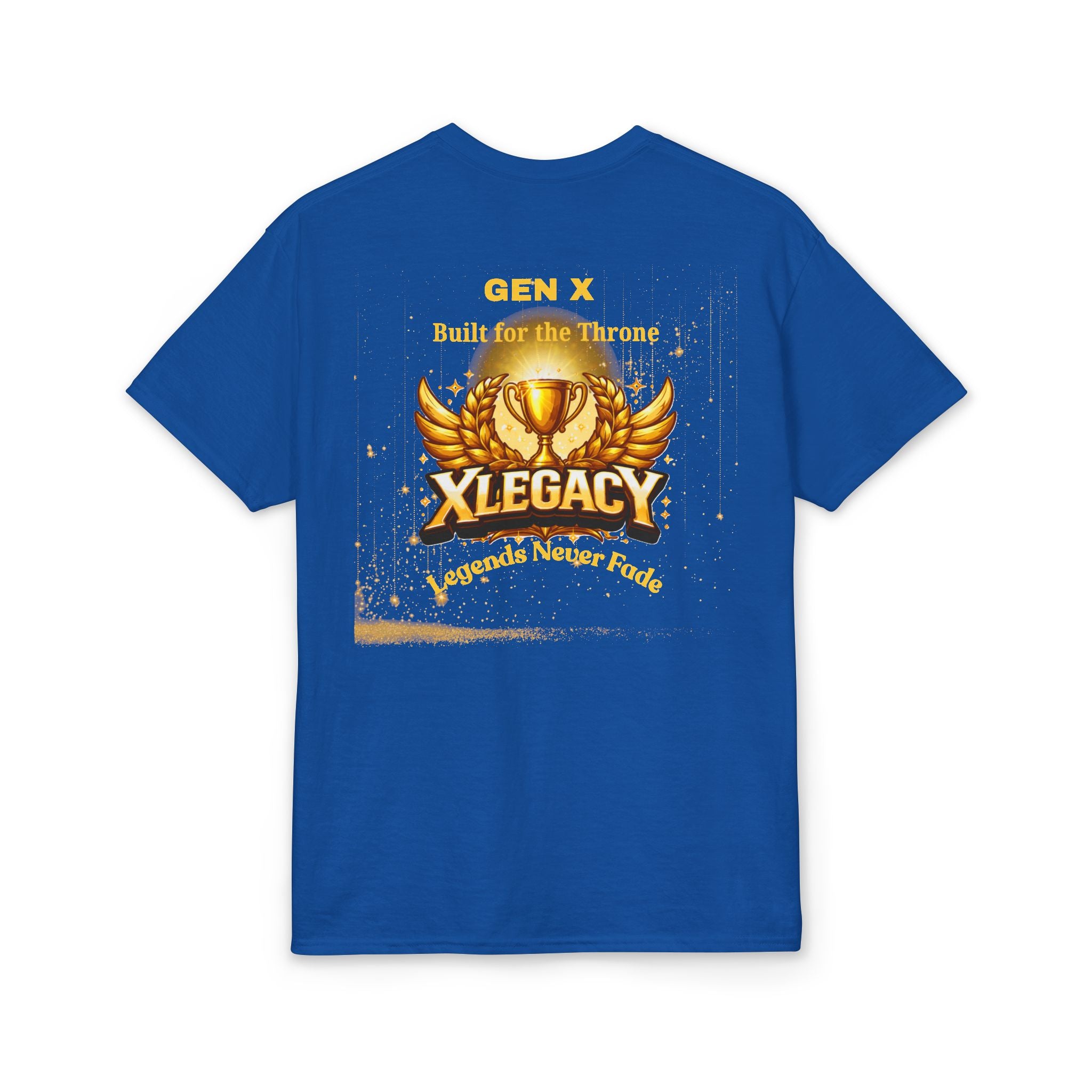 A royal blue short-sleeve t-shirt with a detailed graphic on the front. The graphic features a gold and yellow trophy with wings, the text 'XLEGACY', 'Built for the Throne', and 'Legends Never Fade' surrounded by gold stars.